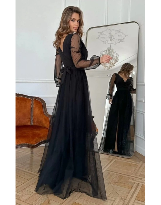 Kadın Uzun Kollu Kruvaze Yakalı Belden Kuşaklı Tüllü Uzun Ithal Krep Elbise