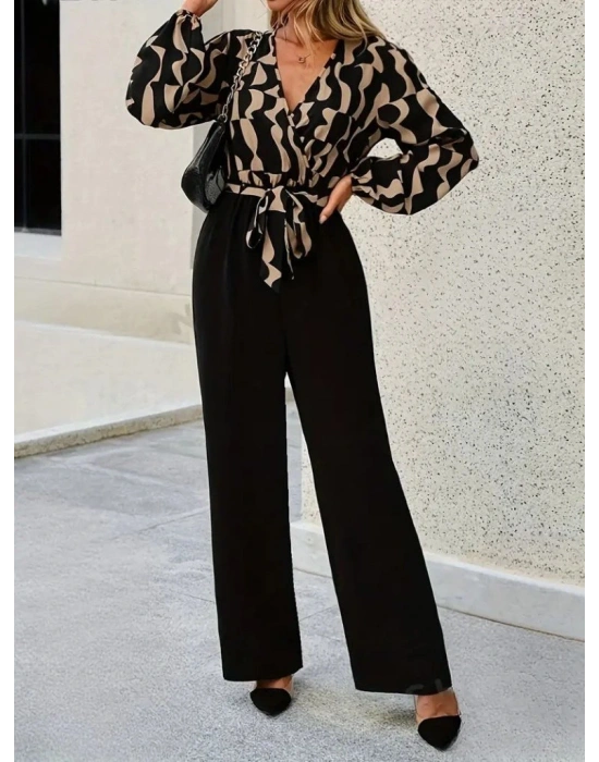 Kadın Uzun Kollu Kruvaze Yakalı Belden Kuşaklı üst Dalgıç Alt Ithal Krep Tulum