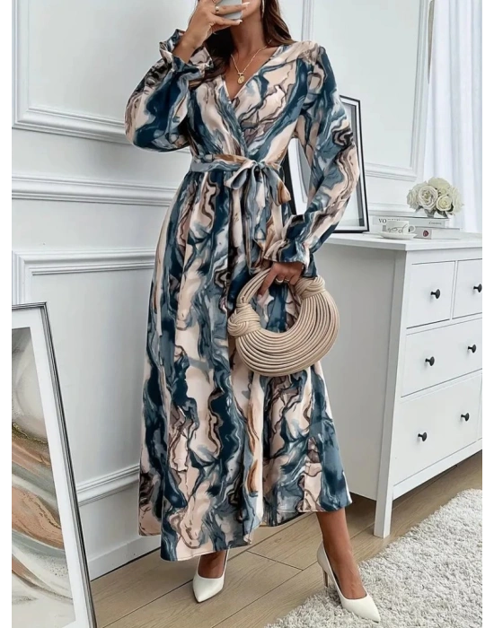 Kadın Uzun Kollu Kruvaze Yakalı Beli Kuşaklı Desenli Süprem Maxi Elbise