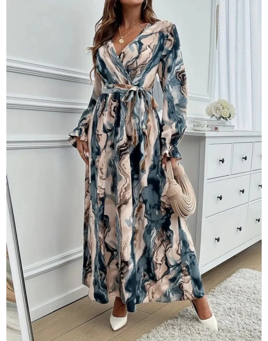 Kadın Uzun Kollu Kruvaze Yakalı Beli Kuşaklı Desenli Süprem Maxi Elbise