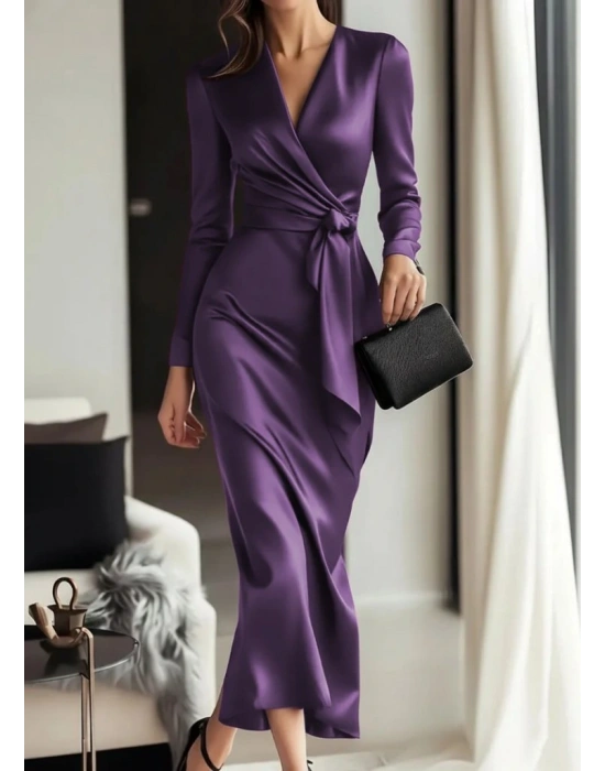 Kadın Uzun Kollu Kruvaze Yakalı Beli Kuşaklı Uzun Saten Elbise