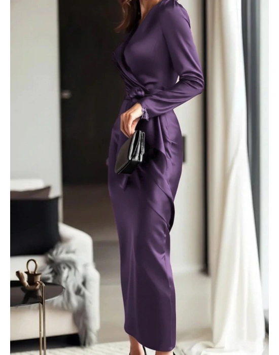 Kadın Uzun Kollu Kruvaze Yakalı Beli Kuşaklı Uzun Saten Elbise