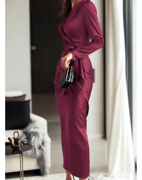 Kadın Uzun Kollu Kruvaze Yakalı Beli Kuşaklı Uzun Saten Elbise