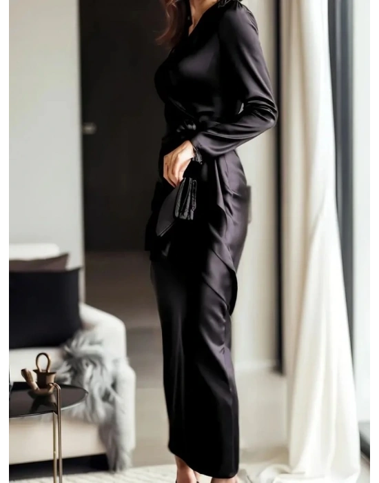 Kadın Uzun Kollu Kruvaze Yakalı Beli Kuşaklı Uzun Saten Elbise