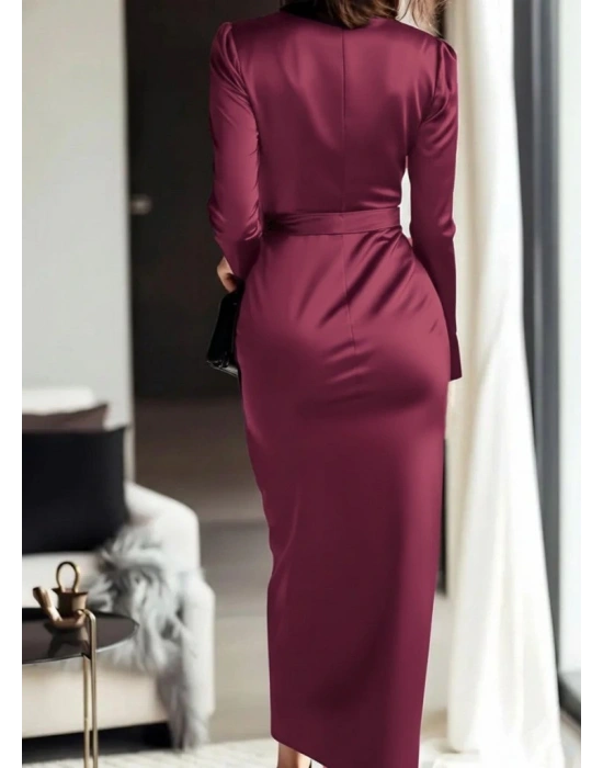 Kadın Uzun Kollu Kruvaze Yakalı Beli Kuşaklı Uzun Saten Elbise