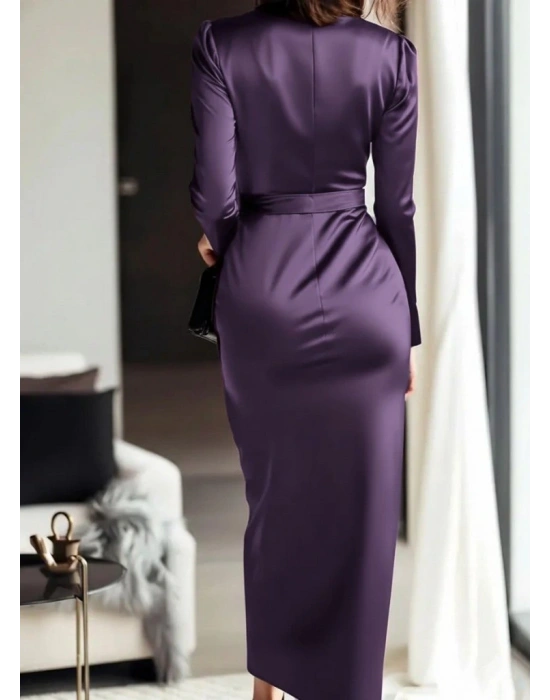 Kadın Uzun Kollu Kruvaze Yakalı Beli Kuşaklı Uzun Saten Elbise