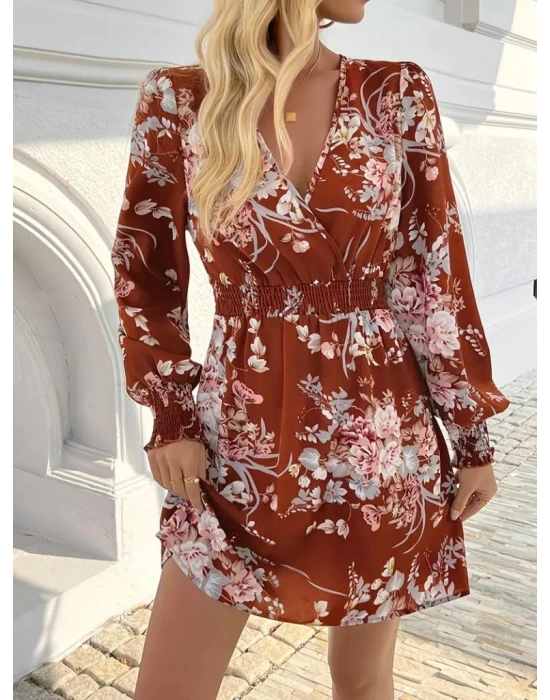 Kadın Uzun Kollu Kruvaze Yakalı çiçek Desenli Mini Süprem Elbise