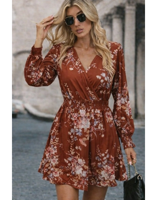 Kadın Uzun Kollu Kruvaze Yakalı çiçek Desenli Mini Süprem Elbise