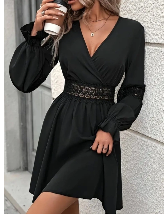 Kadın Uzun Kollu Kruvaze Yakalı Dantelli Fermuar Detaylı Kısa Ithal Krep Elbise