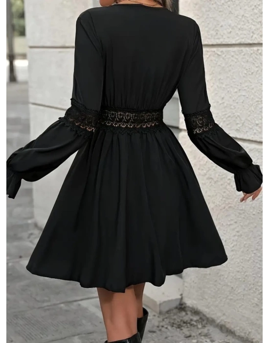 Kadın Uzun Kollu Kruvaze Yakalı Dantelli Fermuar Detaylı Kısa Ithal Krep Elbise