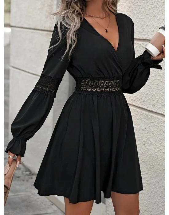 Kadın Uzun Kollu Kruvaze Yakalı Dantelli Fermuar Detaylı Kısa Ithal Krep Elbise