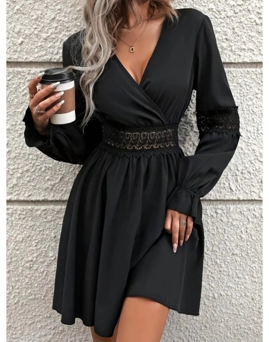 Kadın Uzun Kollu Kruvaze Yakalı Dantelli Fermuar Detaylı Kısa Ithal Krep Elbise