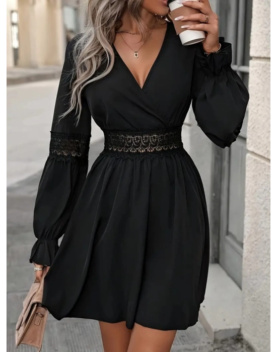 Kadın Uzun Kollu Kruvaze Yakalı Dantelli Fermuar Detaylı Kısa Ithal Krep Elbise