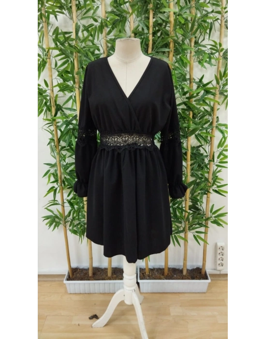 Kadın Uzun Kollu Kruvaze Yakalı Dantelli Fermuar Detaylı Kısa Ithal Krep Elbise