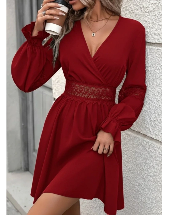 Kadın Uzun Kollu Kruvaze Yakalı Dantelli Fermuar Detaylı Mini Ithal Krep Elbise