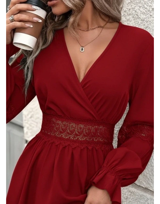 Kadın Uzun Kollu Kruvaze Yakalı Dantelli Fermuar Detaylı Mini Ithal Krep Elbise