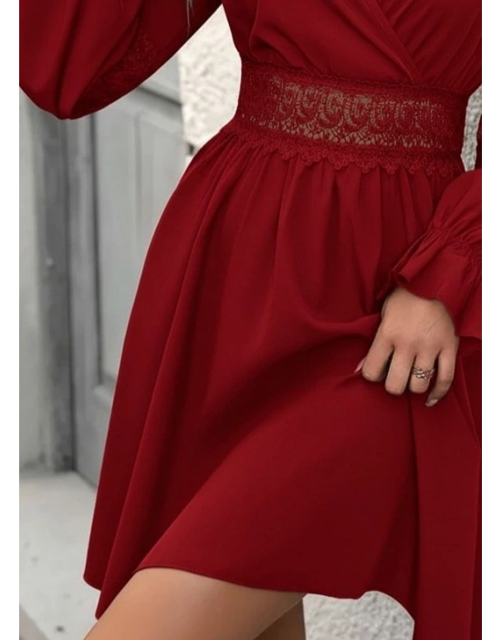 Kadın Uzun Kollu Kruvaze Yakalı Dantelli Fermuar Detaylı Mini Ithal Krep Elbise