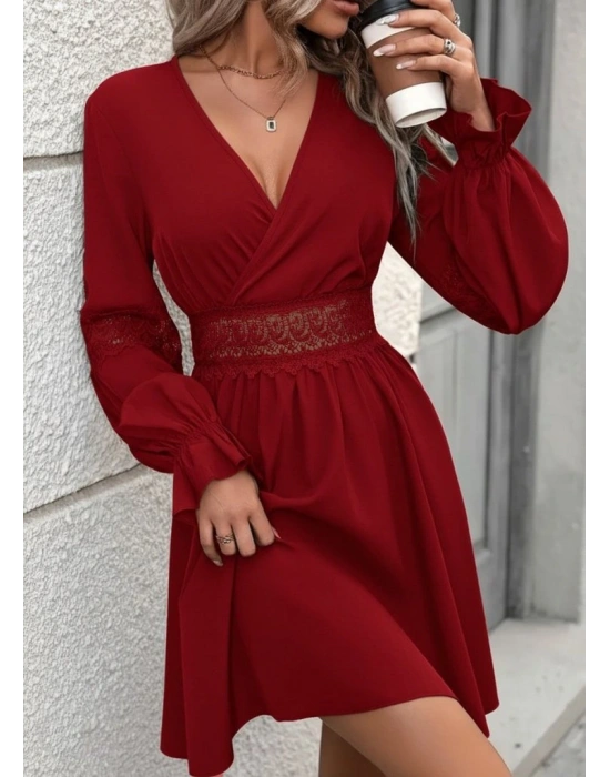 Kadın Uzun Kollu Kruvaze Yakalı Dantelli Fermuar Detaylı Mini Ithal Krep Elbise