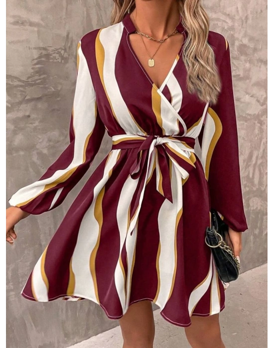 Kadın Uzun Kollu Kruvaze Yakalı Desenli Modal Mini Elbise