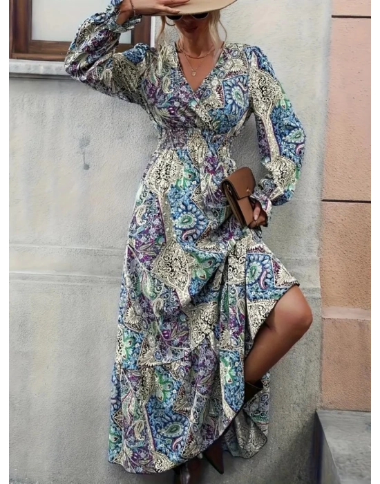 Kadın Uzun Kollu Kruvaze Yakalı Desenli Süprem Maxi Elbise