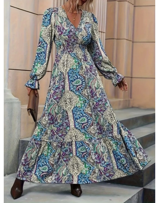 Kadın Uzun Kollu Kruvaze Yakalı Desenli Süprem Maxi Elbise