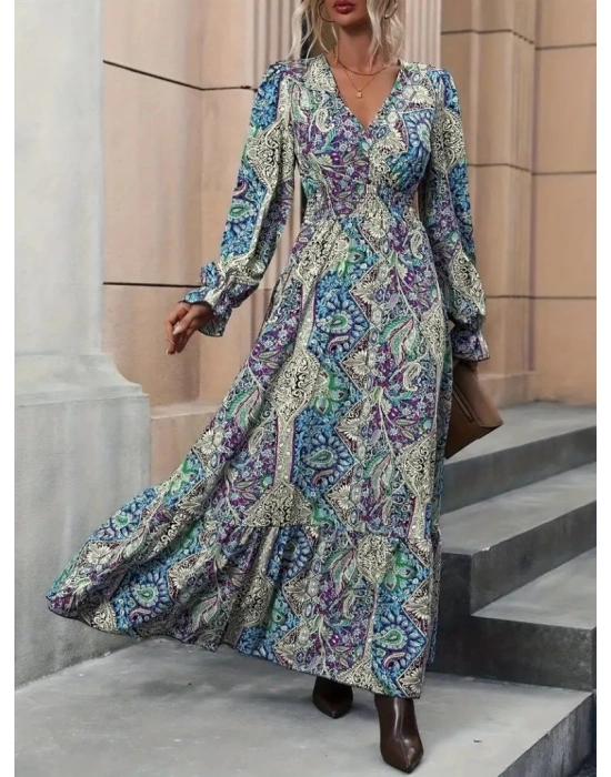 Kadın Uzun Kollu Kruvaze Yakalı Desenli Süprem Maxi Elbise