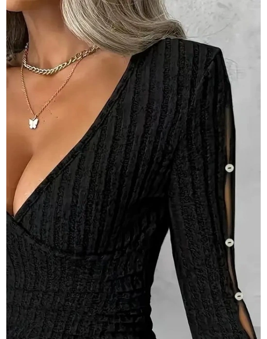 Kadın Uzun Kollu Kruvaze Yakalı Incili şardonlu Kaşkorse Bluz