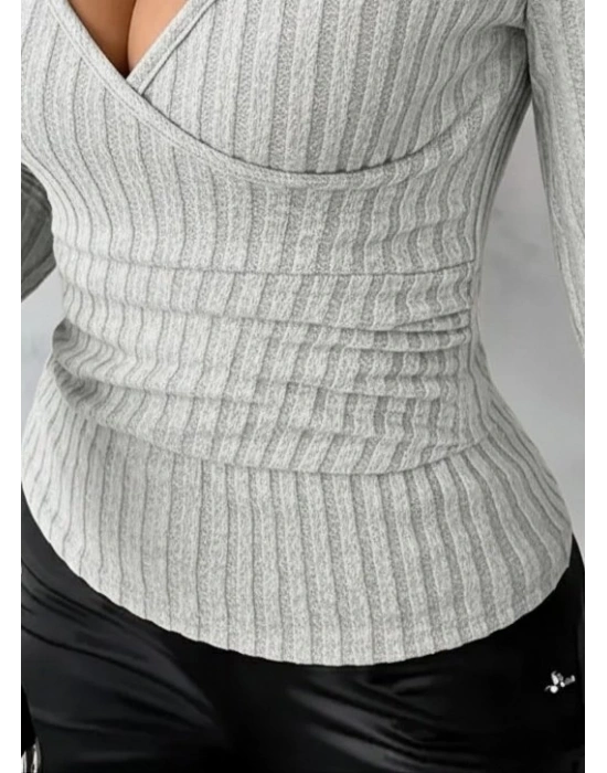 Kadın Uzun Kollu Kruvaze Yakalı Incili şardonlu Kaşkorse Bluz