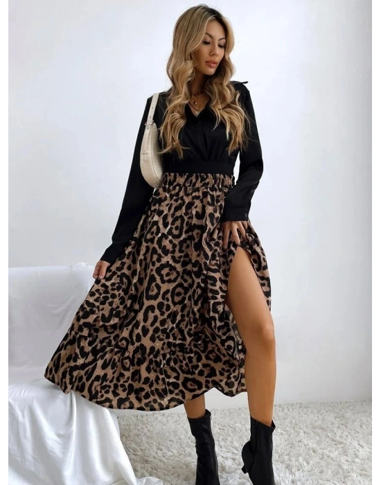 Kadın Uzun Kollu Kruvaze Yakalı Ithal Krep Bluz Ve Leopar Desenli Süprem Uzun Elbise