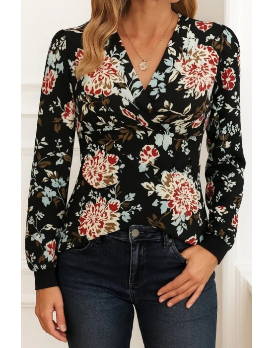 Kadın Uzun Kollu Kruvaze Yakalı Kelebek Desenli şardonlu Dalgıç Bluz
