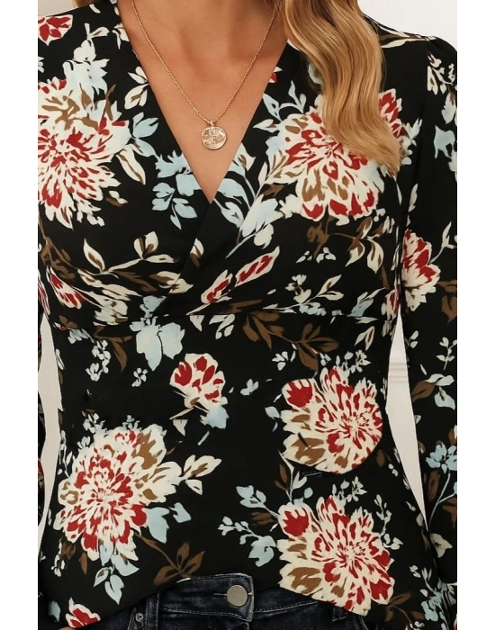 Kadın Uzun Kollu Kruvaze Yakalı Kelebek Desenli şardonlu Dalgıç Bluz