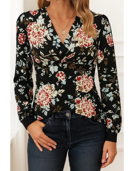 Kadın Uzun Kollu Kruvaze Yakalı Kelebek Desenli şardonlu Dalgıç Bluz