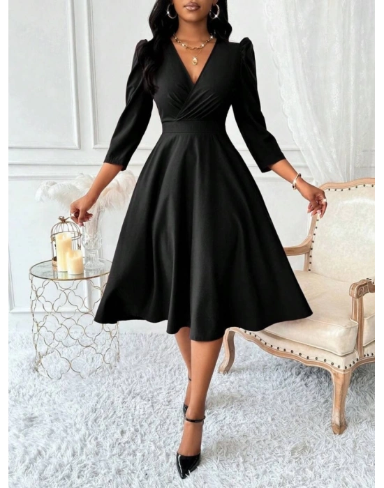 Kadın Uzun Kollu Kruvaze Yakalı Kiloş Ithal Krep Elbise