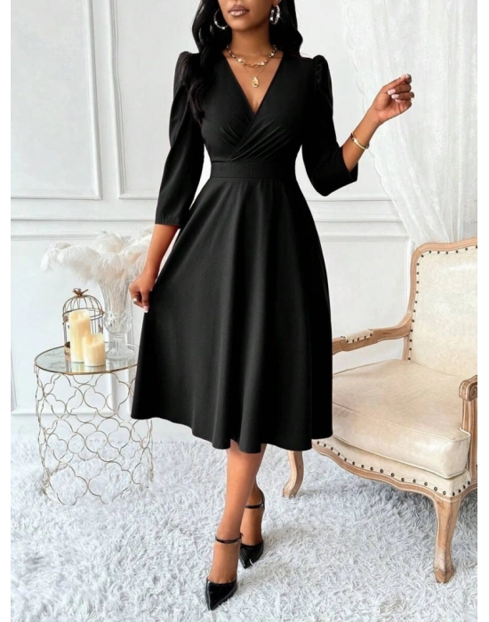 Kadın Uzun Kollu Kruvaze Yakalı Kiloş Ithal Krep Elbise