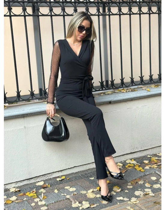 Kadın Uzun Kollu Kruvaze Yakalı Kolları Tül Detay Beli Kuşaklı Ithal Krep Tulum