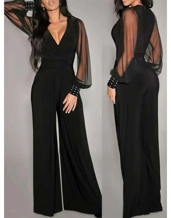 Kadın Uzun Kollu Kruvaze Yakalı Kolları Tüllü Viskon Tulum