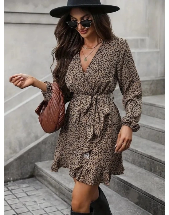 Kadın Uzun Kollu Kruvaze Yakalı Kuşaklı Desenli Kısa Modal Mini Elbise