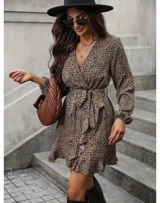 Kadın Uzun Kollu Kruvaze Yakalı Kuşaklı Desenli Kısa Modal Mini Elbise
