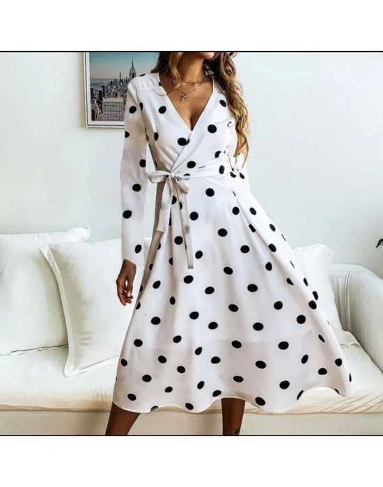 Kadın Uzun Kollu Kruvaze Yakalı Kuşaklı Puantiyeli Uzun Krep Elbise