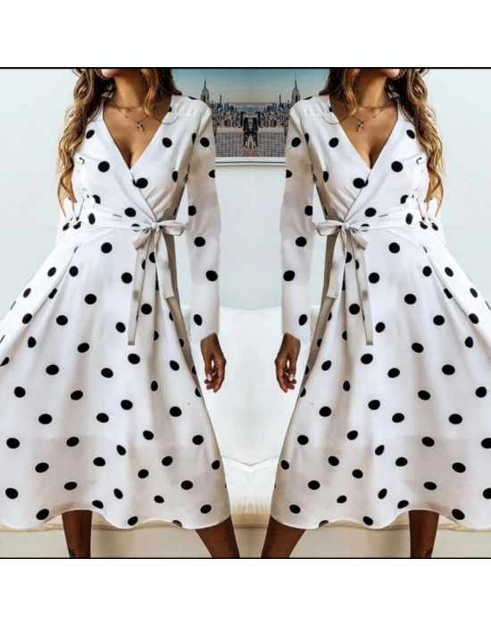 Kadın Uzun Kollu Kruvaze Yakalı Kuşaklı Puantiyeli Uzun Krep Elbise