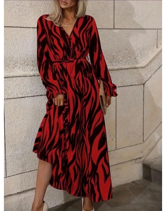 Kadın Uzun Kollu Kruvaze Yakalı Kuşaklı Zebra Desenli Süprem Maxi Elbise