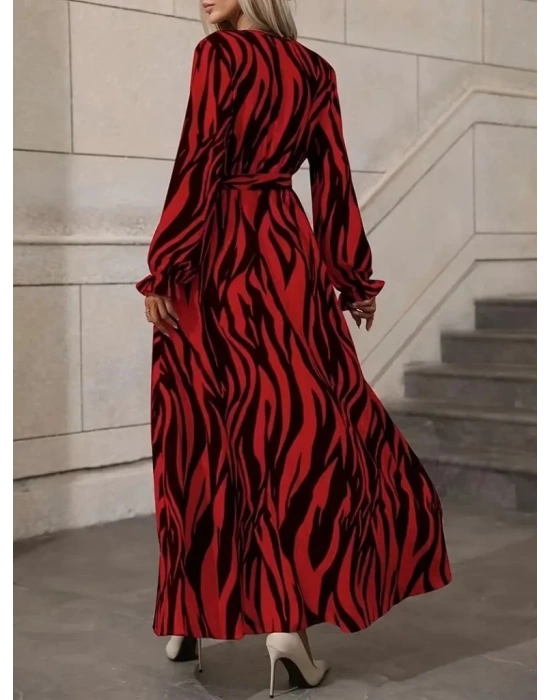 Kadın Uzun Kollu Kruvaze Yakalı Kuşaklı Zebra Desenli Süprem Maxi Elbise