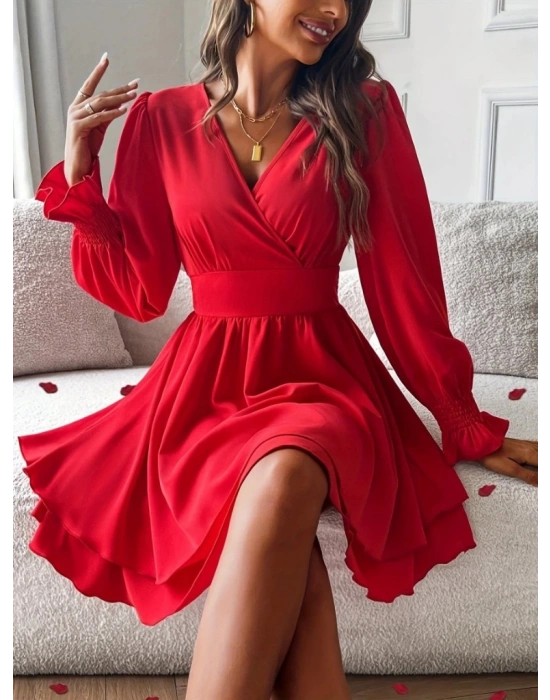 Kadın Uzun Kollu Kruvaze Yakalı Mini Sandy Elbise