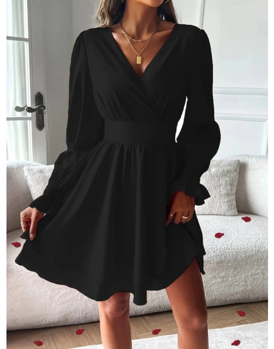 Kadın Uzun Kollu Kruvaze Yakalı Mini Sandy Elbise