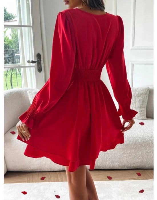 Kadın Uzun Kollu Kruvaze Yakalı Mini Sandy Elbise