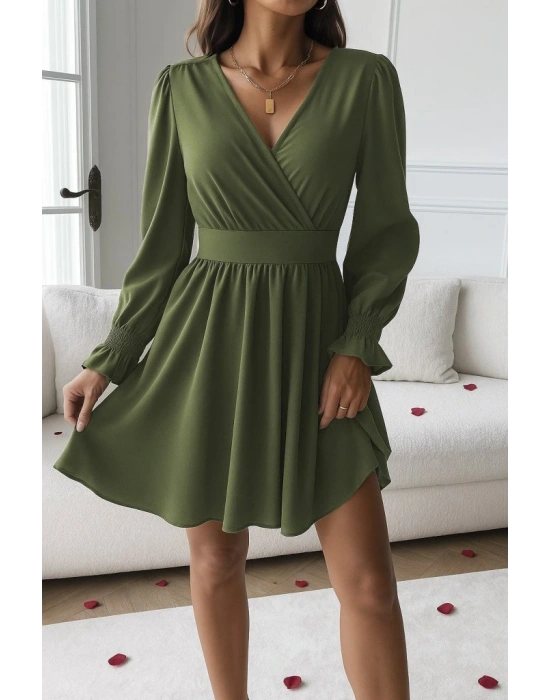 Kadın Uzun Kollu Kruvaze Yakalı Mini Sandy Elbise