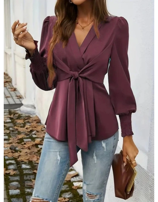 Kadın Uzun Kollu Kruvaze Yakalı önden Bağlamalı Ithal Krep Bluz