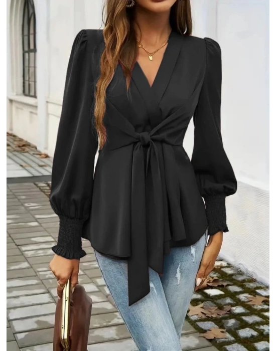 Kadın Uzun Kollu Kruvaze Yakalı önden Bağlamalı Ithal Krep Bluz