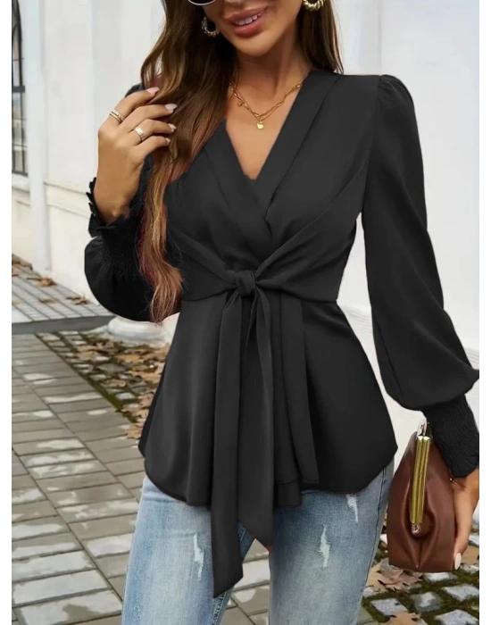 Kadın Uzun Kollu Kruvaze Yakalı önden Bağlamalı Ithal Krep Bluz