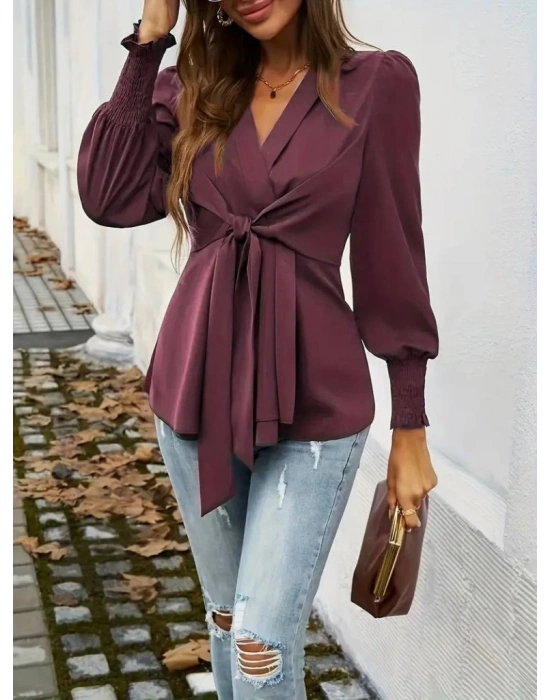 Kadın Uzun Kollu Kruvaze Yakalı önden Bağlamalı Ithal Krep Bluz